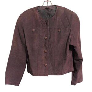 C & A Leather Jacket in a Chestnut Brown Collarless Long Sleeve Full Button Down